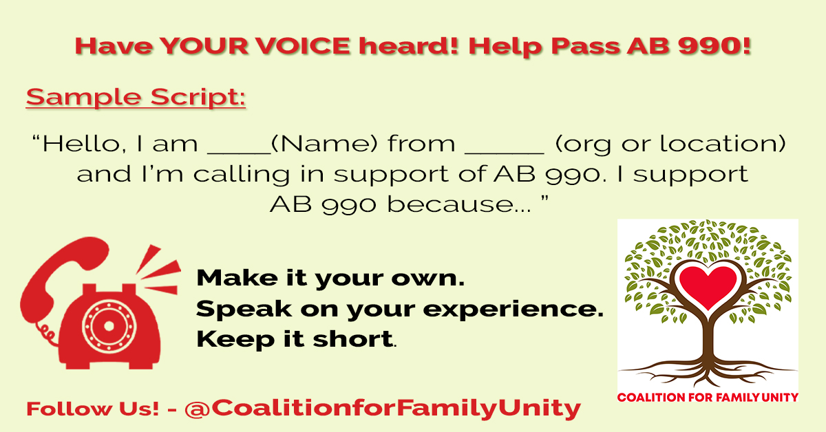 prideintruth_'s tweet photo. Here is a sample script you can use:

"I am ____(name) from _____(org/location) and I’m calling in support of AB 990.  I #SupportAB990 because..."

✅Make it your own.
✅Speak on your experience.
✅Keep it short.

#KeepFamiliesConnect #AB990 #VisitingIsARight @CFamilyUnity https://t.co/wqLamkDpgG