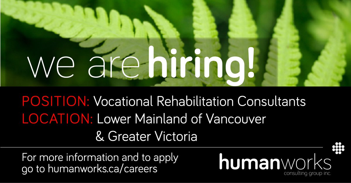 Our people are our strength! humanworks is currently seeking Vocational Rehabilitation Consultants to join our team in the Lower Mainland of Vancouver &amp; Greater Victoria.  Go to humanworks.ca/careers for more info and how to apply. #vocationalrehabilitation #occupationaltherapy