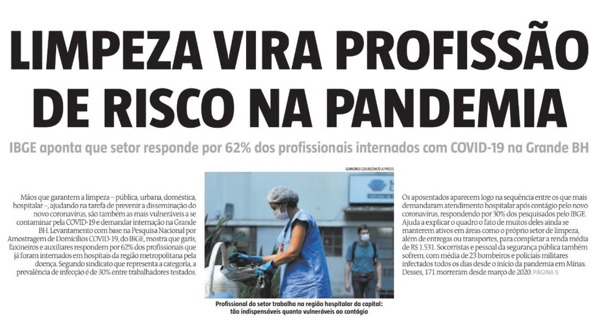 Destaque da capa do Jornal Estado de Minas em 12/04/2021. 

Manchete: Limpeza vira profissão de risco na pandemia