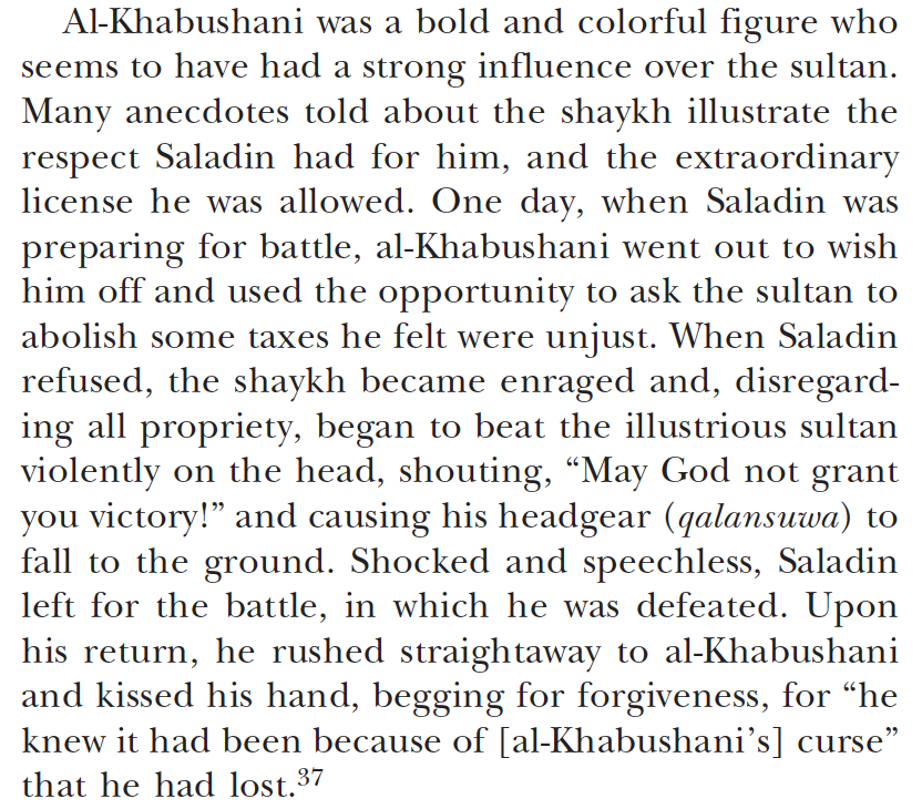 Saladin was initially reluctant to expend so much money on the madrasa, but he was *literally* browbeaten by a pious and ascetic Ash'ari sheikh named Najm al-Din al-Khabushani, who is the only one credited in the foundation inscription. Al-Khabushani was kind of an intense guy...