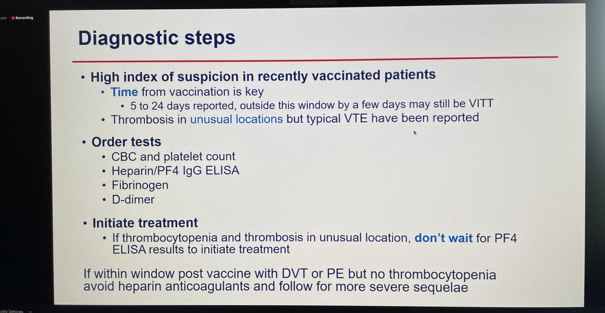 . @connors_md outlines the key steps in diagnosis. Vaccine exposure (AZ or JJ) in 5-24 day window is key! Get CBC and imaging test along with PF4 ELISA test. Don’t wait for ELISA result to start treatment!