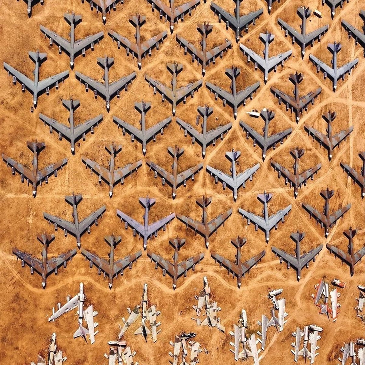 Almost like wallpaper! 
Boeing B-52s at Davis-Monthan AFB, aka the "Boneyard". at the height of its strength, USAF B-52 force comprised some 744 aircraft?