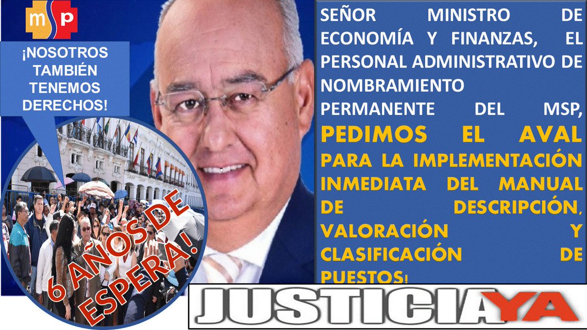 CFALFAROG's tweet photo. #JusticiaMSP SEÑOR MINISTRO DE FINANZAS, ESTÁ EN SUS MANOS HACER JUSTICIA, FIRME EL AVAL PARA LA IMPLEMENTACIÓN DEL MANUAL DE PUESTOS DEL PERSONAL ADMINISTRATIVO MSP, 6 AÑOS DE INJUSTICIAS Y ATROPELLOS
@Salud_Ec @CamiloSalinasOF @FinanzasEc @MauricioPozoEC @__Angeles__9 https://t.co/2VGq8UGlqx
