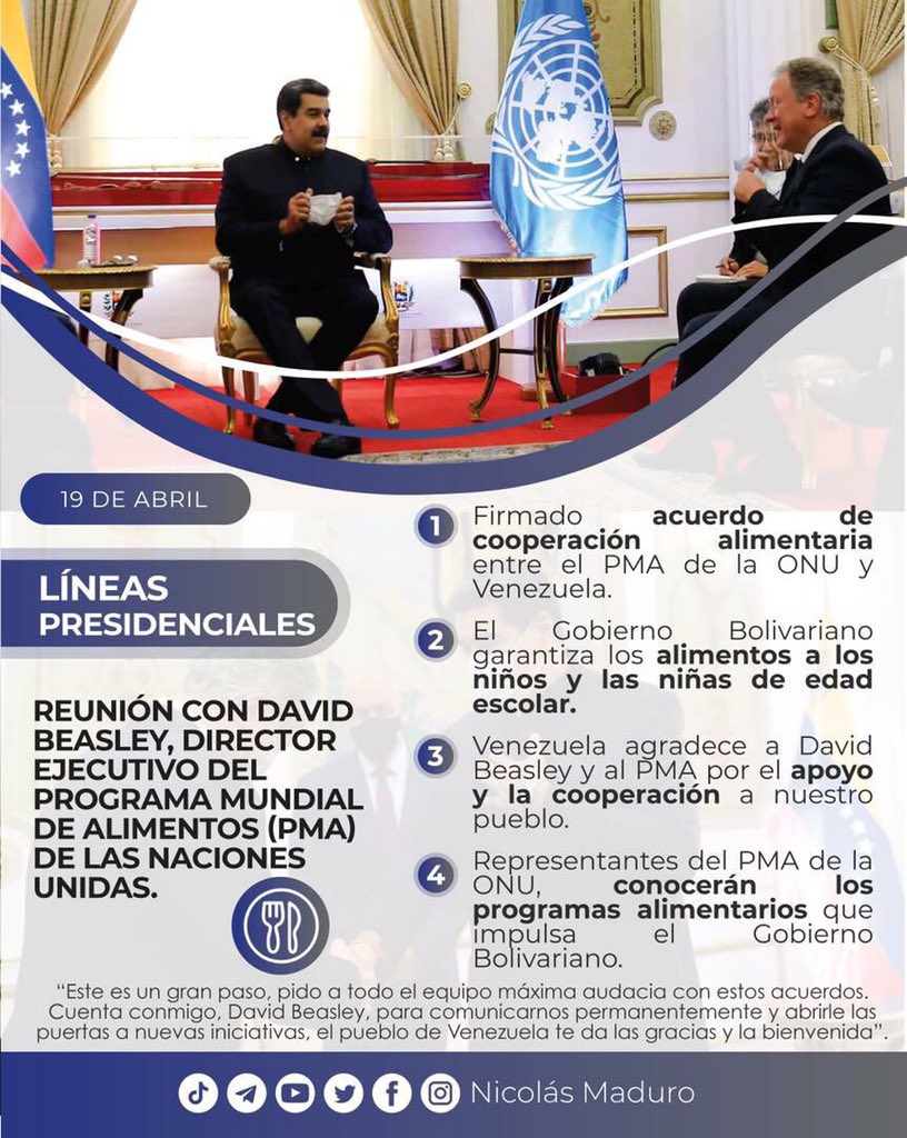 R2Patriotex's tweet photo. #20Abril

#LineasPresidenciales de la reunión de trabajo de Nuestro Presidente @NicolasMaduro con el Director Ejecutivo del Programa Mundial de Alimentos de la ONU, David Beasley.

#MaduroEsVargatario

@NicolasMaduro
@dcabellor
@LealTelleria
@nelsonleandro

#SoyComunicadorClap https://t.co/OY12RjnjjO