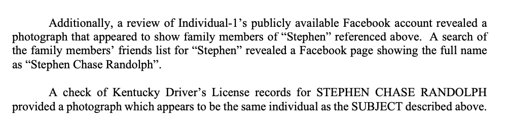 Next they go to the girlfriend’s public Facebook account, find a photograph of Stephen’s family members, then find Stephen’s Facebook page, and pull his driver’s license photo.