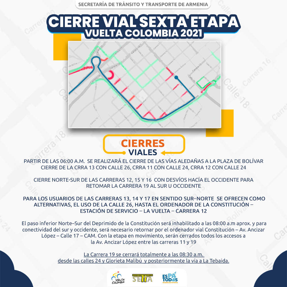 setta_armenia's tweet photo. #VueltaAColombia2021 🚵🎉
Éstas serán las medidas de circulación que se aplicaran el próximo 21 de Abril en la 71.ª Edición de la Vuelta A Colombia 2021 en su SEXTA ETAPA! 🚴‍♂️
#EsPaTodos https://t.co/uBfGgmmBWd