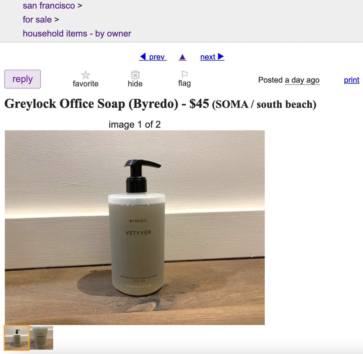 Um, I found Greylock's office bathroom soap on Craigslist for $45