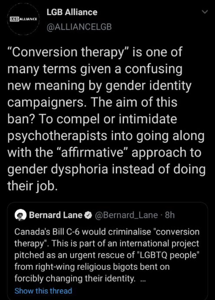 Here is LGB Alliance, promoting conversion therapy. Conversion therapy is highly damaging to trans people. Conversion therapy isn’t medicine. It’s torture.