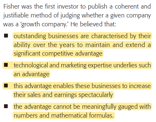 2/8 Here's how Fisher defined "growth company". The last point really stands out:"the advantage cannot be meaningfully gauged with numbers and mathematical formulas."