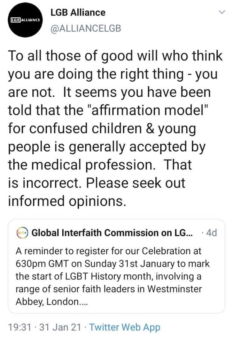 Here is LGB Alliance, openly stating that they’re against affirming care for trans people with gender dysphoria. This is completely against modern medicine, for actual medical doctors support affirming care.