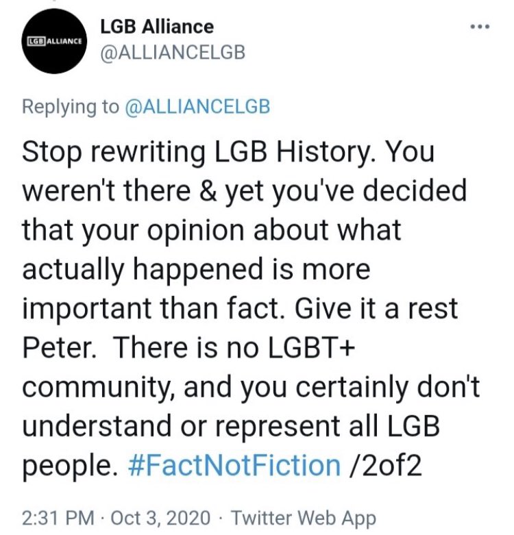 Here is LGB Alliance, attempting to completely rewrite reality, by claiming that the LGBT community is somehow a myth.
