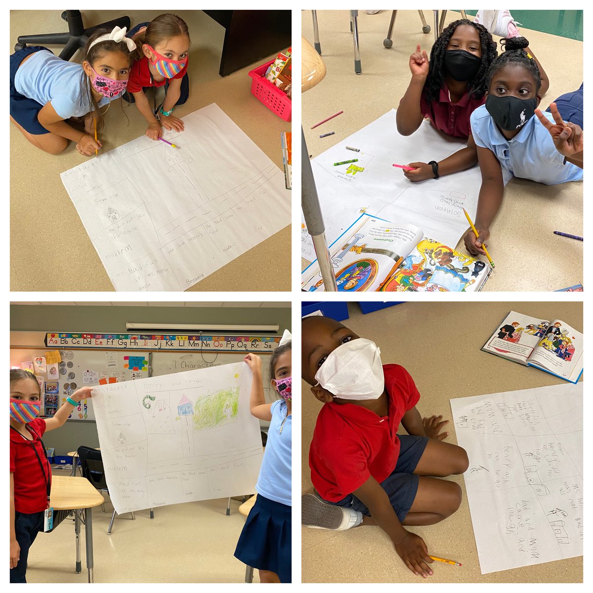 YaraFerrer1's tweet photo. My first graders @PLEgators collaborating to create story elements anchor charts from this week’s reading. #worksheetfree #collaborativeclassroom https://t.co/UX3kXChLGw