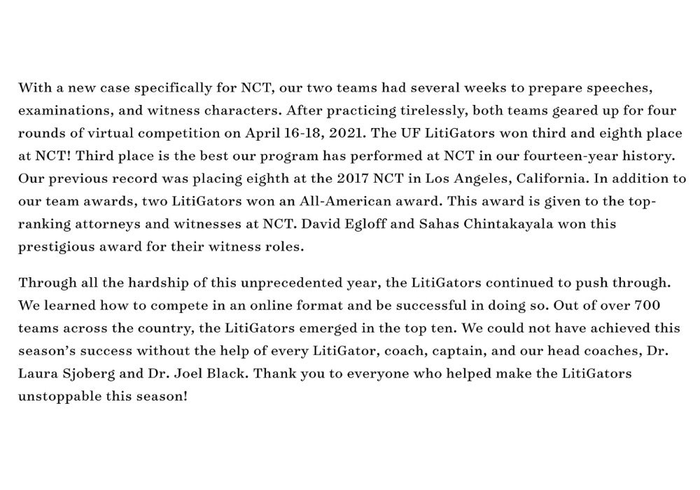 That’s wrap on our 2021 season, and what a season it has been! Out of over 700 teams across the country, the LitiGators came out on top with TWO TEAMS in the top ten.  

Click this link to read about our season: mocktrial.polisci.ufl.edu/news/2021/seas… <a href="/UF/">FLORIDA</a> <a href="/PresidentFuchs/">x</a> <a href="/UFLaw/">UF Levin College of Law</a>