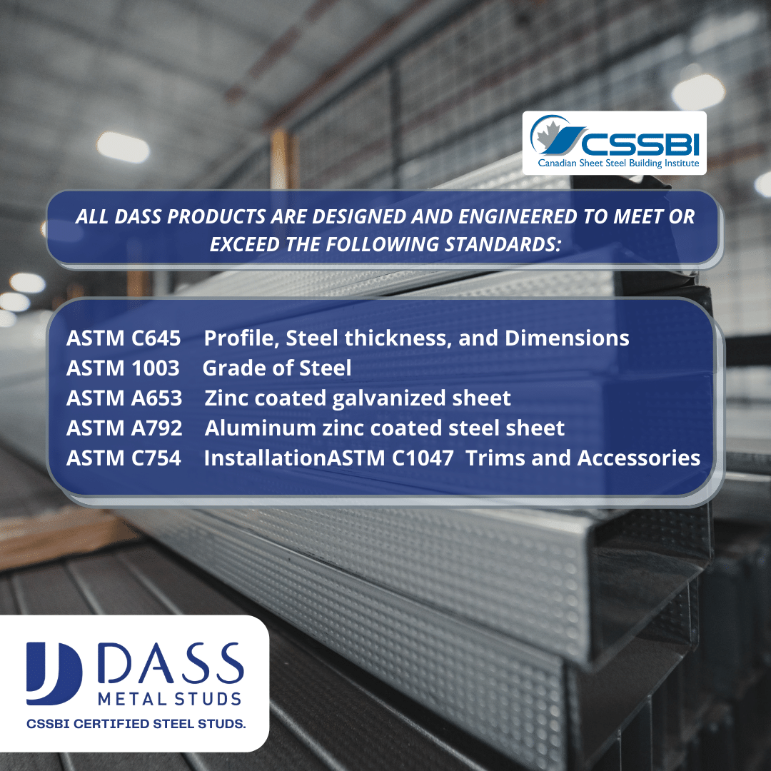 Dass Metal Studs are designed to meet or exceed all ASTM standards for metal framing products.
Want to become a Distributor? Call us at 905-677-0456 or email us at sales@dassmetal.com
#dassmetal #dassprostud #steelstuds #steelframing #canadianconstruction #structuralframing