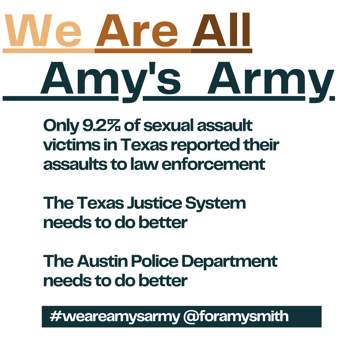 foramysmith's tweet photo. Sexual assault is the most underreported violent crime in the United States. Some survivors don't report because they fear the police or think they won't do anything to help. What do you think @austin_police can do to help survivors?
#WeAreAmysArmy
.
.
.
.
.
#foramysmith #policer https://t.co/oXLxtrWLkl