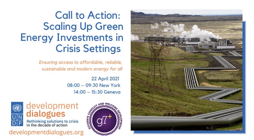 UlrikaModeer's tweet photo. 9 in every 10 of the world's 800M people without ⚡energy💡 are in conflict-affected countries. Join experts from @AfDB_Group, #G7Plus, @DanishMFA, @UNDP, & more at #DevelopmentDialogues on green energy this 22 April. RSVP now: https://t.co/peeNCbR7Ny https://t.co/fRhcICrRmX