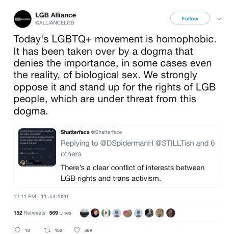 Here is LGB Alliance, absurdly claiming that it’s somehow “homophobic” to not be transphobic.