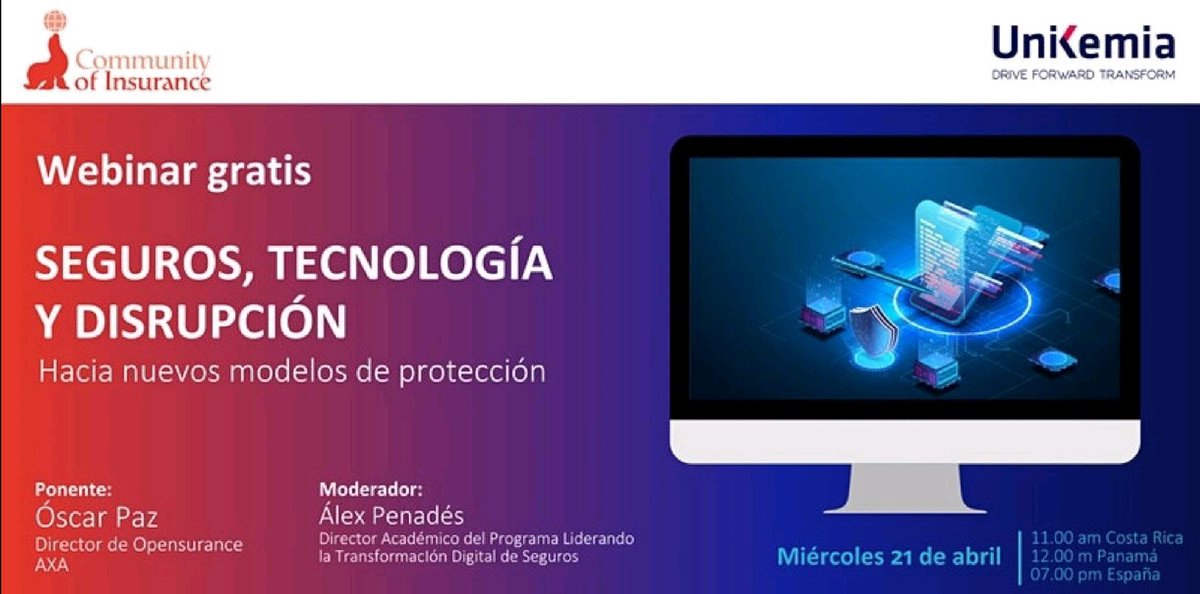 En esta nueva década que acabamos de comenzar, este trinomio "#Seguros, #Tecnología y #Disrupción" va camino de alinearse hacia modelos de protección y de aseguramiento impensables hasta la fecha

¿nos acompañas en este #webinar?
21 abril 19.00h
👇👇
eventbrite.es/e/entradas-seg…