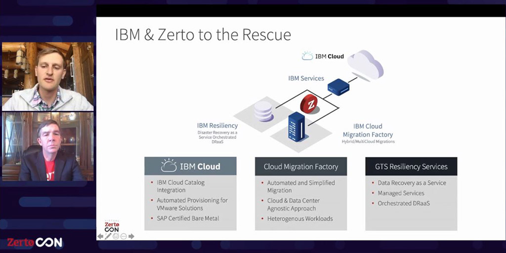 ZertoCON's tweet photo. Zerto is a critical component in enabling IBM to become the leading hybrid #cloud provider for enterprises in regulated industries. Jordan Shamir of @IBM &amp; Nathan Anderson of @Zerto share a modernization success story undertaken by one of our customers. @jordanshamir2 #ZertoCON https://t.co/GpBDpZ0eP7
