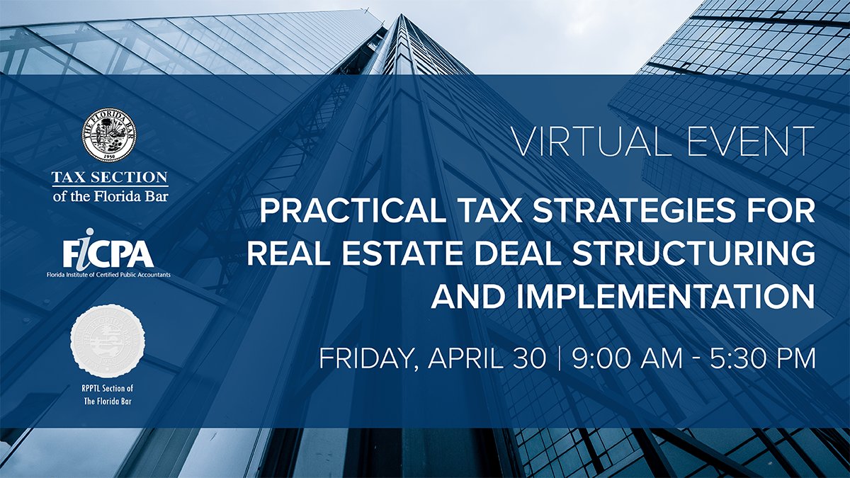 Join us on April 30 to discuss all matters related to #tax and real estate. We’ll cover structuring funds, earning #profits interests, foreign investors, #Florida documentary stamp #taxes, #COVID issues, #opportunity zones and #conservation easements: bit.ly/3ejx1mW