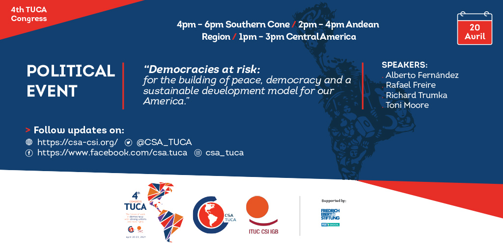 CSA_TUCA's tweet photo. #TransmisiónEnVivo. En poco menos de media hora inicia nuestro evento político central en el marco del #4ºCongresoCSA. Estará el presidente de Argentina, @alferdez, @RafaelFreireCSA, Toni Moore y @RichardTrumka, entre otros. Síguelo por nuestro Facebook: https://t.co/LH9VAPdPmc https://t.co/ROrIWPendL