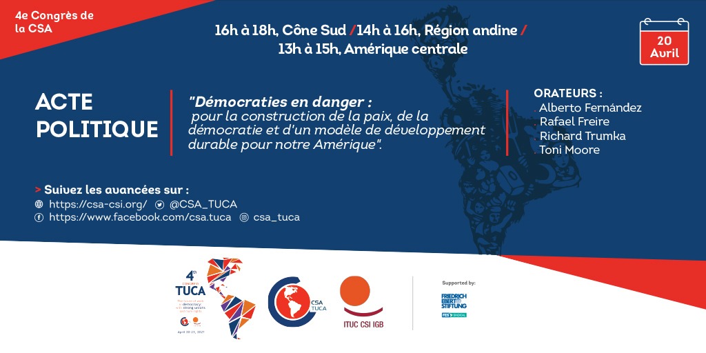 CSA_TUCA's tweet photo. #TransmisiónEnVivo. En poco menos de media hora inicia nuestro evento político central en el marco del #4ºCongresoCSA. Estará el presidente de Argentina, @alferdez, @RafaelFreireCSA, Toni Moore y @RichardTrumka, entre otros. Síguelo por nuestro Facebook: https://t.co/LH9VAPdPmc https://t.co/ROrIWPendL