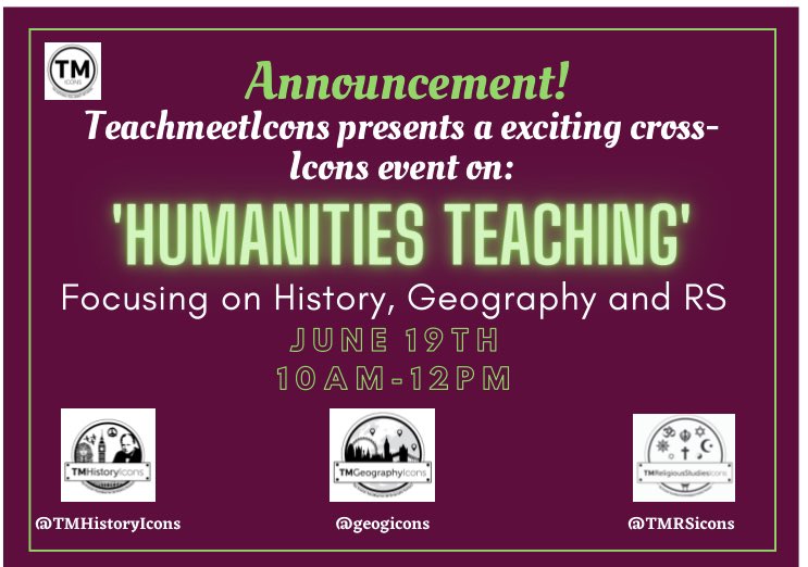 TTRHistory's tweet image. Event Announcement Klaxon! 📯
‘Humanities Teaching’ - a mega collab event bringing @TMHistoryIcons @geogicons @TMRSicons together! @lamb_heart_tea @clareehawkins @KCGeographies will be exploring how to teach Hums with @MrPattisonTeach leading our Q&amp;amp;A! 1/3