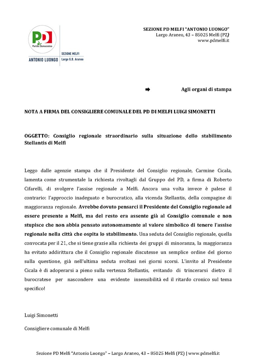 PDMelfi's tweet photo. NOTA A FIRMA DEL CONSIGLIERE COMUNALE DEL PD DI MELFI LUIGI SIMONETTI

🔰#MELFI #STELLANTIS https://t.co/zoonhbVJHj