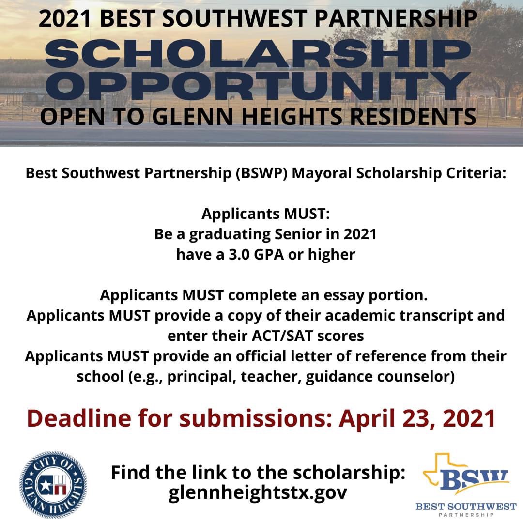 🚨Attention <a href="/rohighschool/">Red Oak High School</a> seniors! This is open for Glenn Heights and Ovilla residents and deadline is April 23.. apply now!