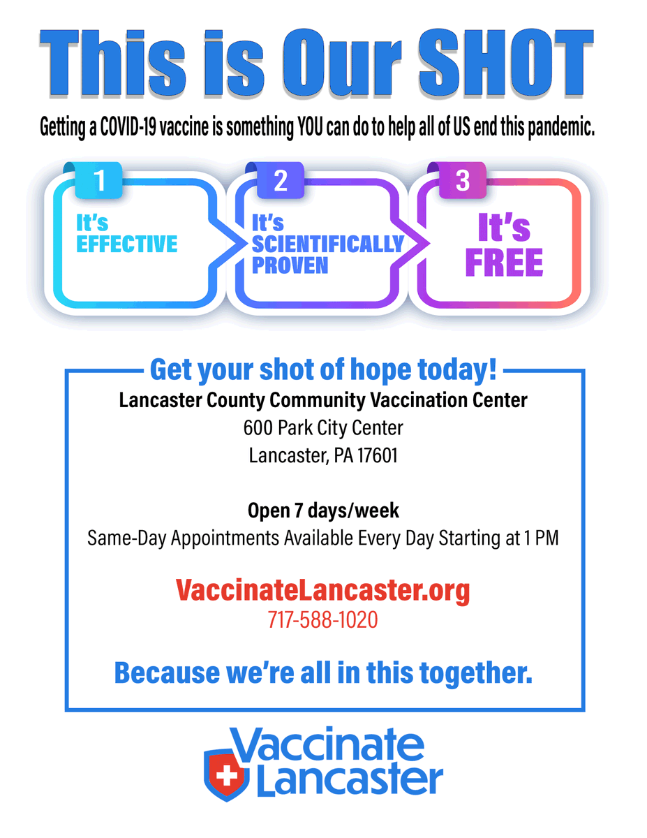 LancasterCounty's tweet image. Appointments available! Get your COVID-19 shot TODAY! #VaccinateLancaster #ShotofHope #ThisIsOurShot