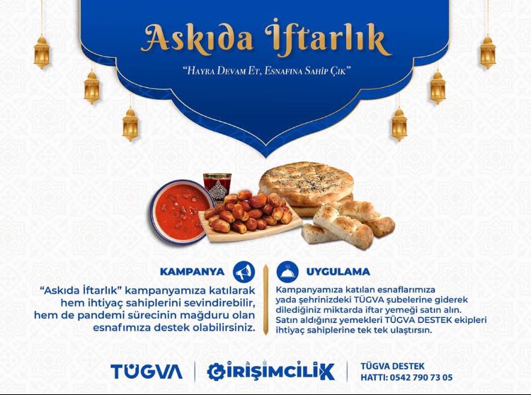 #Askıdaİftarlık uygulamasıyla hem ihtiyaç sahiplerini sevindiriyor hem de esnafımıza destek oluyoruz.

Lokantadan dilediğin sayıda iftar yemeği satın al ve ihtiyaç sahipleri gelip oradan alsın.🤩

Dağıtımda yardım almak için TÜGVA Destek hattını aramayı ihmal etme.