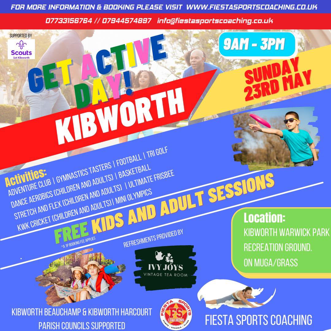 fiestasportscoa's tweet photo. Kibworth Get Active Day! A FREE event on Sun 23rd May at Warwick Park Rec in Kibworth, 9am-3pm. Fun coaching &amp; activities.
Qualified, DBS checked coaches. Book online https://t.co/9KXy2IAnX0 @TKSHeadteacher @Kibprimary @KibworthPE @kibworthparking @kibcomlibrary1 @kibworthharcpc https://t.co/dM3bIGfqwr