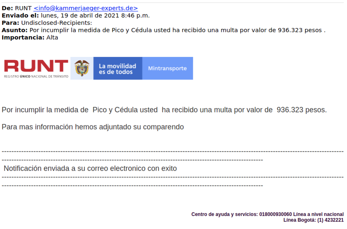 colCERT's tweet photo. ¡Alerta! campaña a través de correo electrónico con asunto "Por incumplir la medida de Pico y Cédula usted ha recibido una multa..." contiene #malware y está siendo utilizado para robar datos personales y financieros "recomendamos eliminarlo de inmediato" @mindefensa @CaiVirtual https://t.co/9MCmVnfF4K