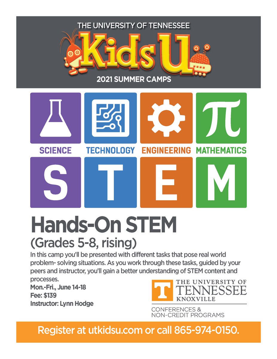 utkceems's tweet photo. STEM Summer Camps!
Register here! https://t.co/2O0VCmPDCv
When: June 14-18
Who: 5-12 grades (rising)
Fee: $139
#STEMed #UTK #summercamp https://t.co/XPMGhtJiPN