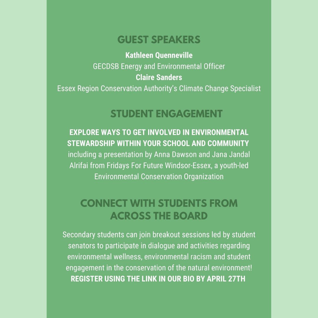 Student Senate will be hosting an Environmental Sustainability Conference on April 30th, 2021. There will be guest speakers and opportunities to learn about ways to get involved in environmental stewardship within your school and community! Register here: bit.ly/3x6Db2B
