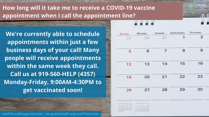 Image with calendar. Many people receive appointments the same week they call. Call (919) 560-4357 for scheduling, Monday through Friday, 9 a.m. to 4:30 p.m.