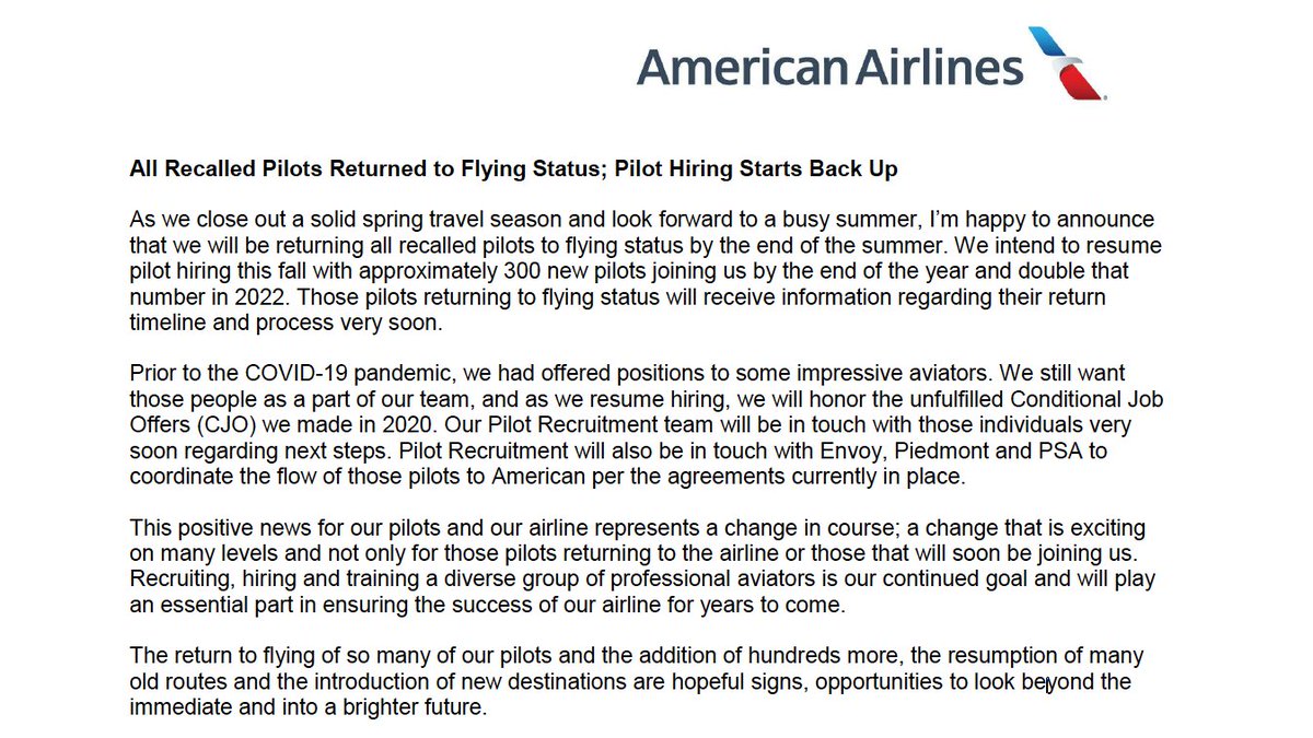 BREAKING: American Airlines is bringing ALL PILOTS back on the job and HIRING NEW PILOTS for the first time since the start of the pandemic.