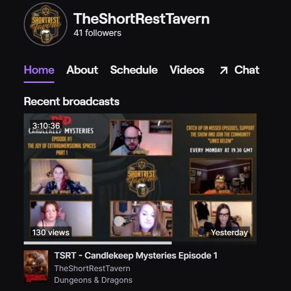 TSRTavern's tweet image. 130 views in just over 24 hours! 

We really can&apos;t get over how well yesterday went during our first-ever broadcast as The Short Rest Tavern!

You guys are amazing and we&apos;re so excited for our future 😁

#DnD #smallstreamer #tabletopgaming #ttrpgtuesday #candlekeepmysteries