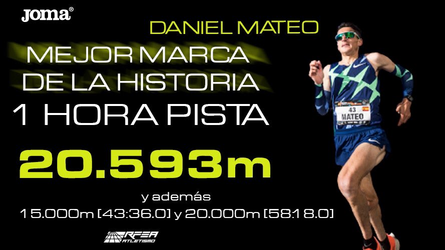 atletismoRFEA's tweet image. 📅 09/08/1975 ➡️ Mariano Haro ➡️ 20.493m

📅 20/04/2021 ➡️ @danimateo89 ➡️ 20.593m

🚨 MEJOR MARCA ESPAÑOLA DE LA HISTORIA (y además de 15.000m y 20.000)🚨

Dani, bienvenido a los 📚 de historia de nuestro atletismo 👏🏼