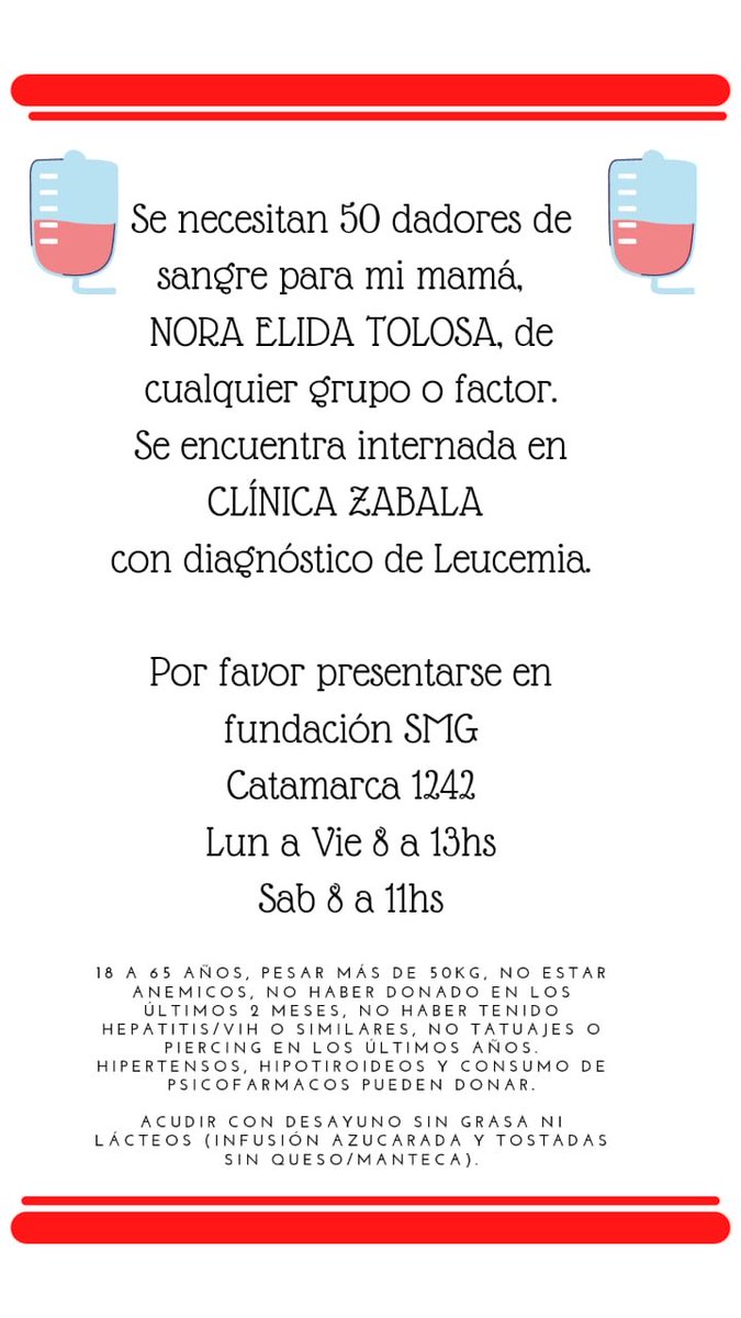 agussiraco's tweet photo. X favor podrán difundir en sus redes. Es la mamá d 1 amiga, tiene leucemia y la transfunden a diario. Son muchos dadores lo se! los podremos sumar. Yo done y debo esperar 2 meses. ⁦@MarianoOses⁩ ⁦@facundoarana10⁩ ⁦@CruzRojaInforma⁩ ⁦@DadoresDSangre⁩ https://t.co/I5wPmxzsEU