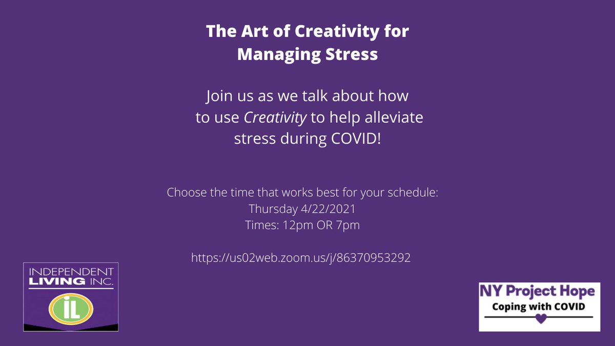 Don't forget about our Thursday Workshops!  This week Cindy (12pm) and Robert (7pm) will be discussing how creativity can help reduce stress.  Choose whichever time works best for you...just click the link:  us02web.zoom.us/j/86370953292
