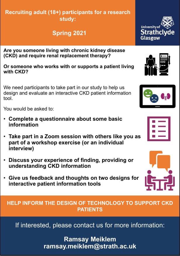 ramsay_meiklem's tweet photo. Looking for participants for focus groups on the design of interactive #renal / #dialysis patient information! Meetings via Zoom. Patients, caregivers and healthcare staff welcome (18+), contact e-mail below for more details or if interested!
#CKD #kidney #KidneyDisease https://t.co/UVQJPWl6NJ