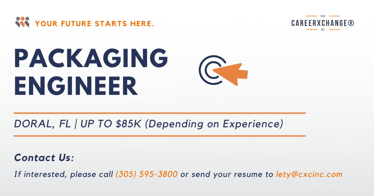 CAREERXCHANGE's tweet photo. #NOWHIRING: Packaging Engineer with relevant degree/experience for opportunity with a major producer and #distributor of beauty and lifestyle products! | Doral, FL | up to $85K depending on experience | Learn more here: https://t.co/8nrPJj66nQ | #hiring #careers #engineersinmiami https://t.co/gHHcujPWDt