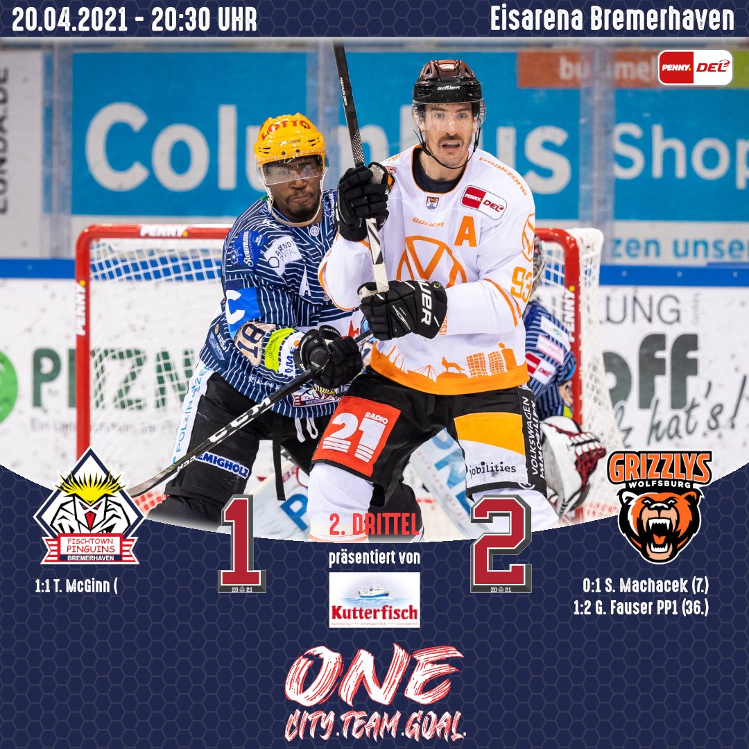 Nach 40 Minuten liegen die Pinguins 1:2 gegen die Grizzlys Wolfsburg zurück.

Das Drittelergebnis präsentiert Kutterfisch-Zentrale GmbH.
#WIRsindBHV #schnellsteZeit
