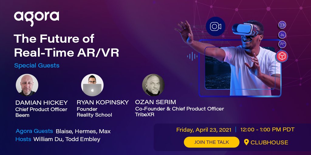 AgoraIO's tweet image. Meet us on Clubhouse this Friday at 12pm PST 👋 

@hermes_f @williamdxz @ToddEmbley @MaxxFrazer will be discussing all things #VR and #AR:
⚫  Industry leaders
⚫  Current challenges
⚫  What's ahead

RSVP 👉  bit.ly/3dzPegT