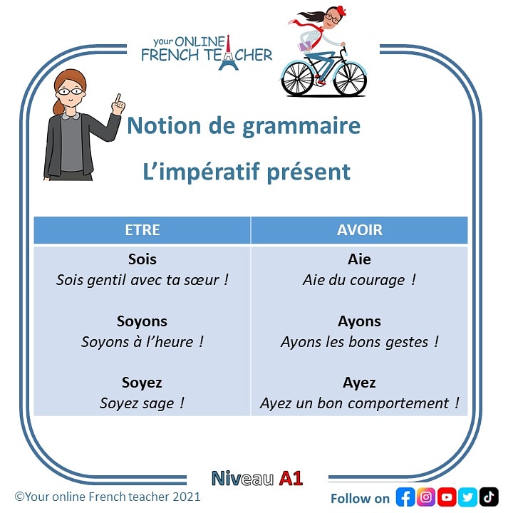 OnlineFLEtutor's tweet image. Aujourd&apos;hui, on revoit l&apos;impératif présent D&apos;ÊTRE et AVOIR. 
A votre tour, faites une phrase à l&apos;impératif avec  ces verbes. Je vous corrigerai. 
#learnfrench
#frenchonline
#frenchteacher
#imperatif
#delfA1
#frenchgrammar
#frenchtense
#frenchisawesome
#frenchverbs