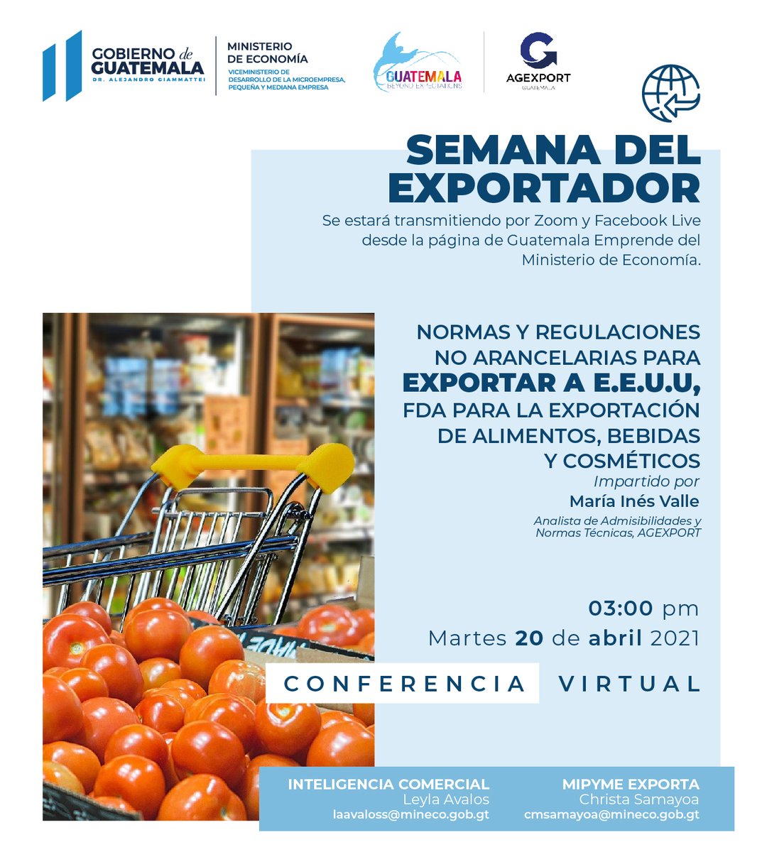 Les invitamos a participar en el webinar de nuestra analista de admisibilidad <a href="/BalsellsInesM/">María Inés Valle</a> sobre las principales normativas de la FDA previo a exportar a los EEUU alimentos, bebidas y cosméticos.
Link del registro: forms.gle/1CCoHixdkLo4nY…
Enlace Zoom:  bit.ly/3aoArE1