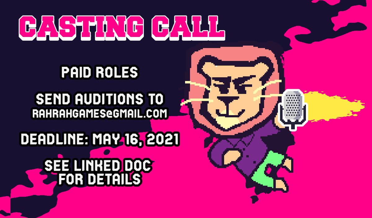 CASTING CALL: We need Voice Actors for an upcoming series of sports games (PAID, 4M/3F, 18+)

Send to rahrahgamesauditions@gmail.com

Deadline: May 16th, 2021

Audition lines: t.ly/L1wB

#VoiceActors #castingcall #voiceoverartist #indiedev
