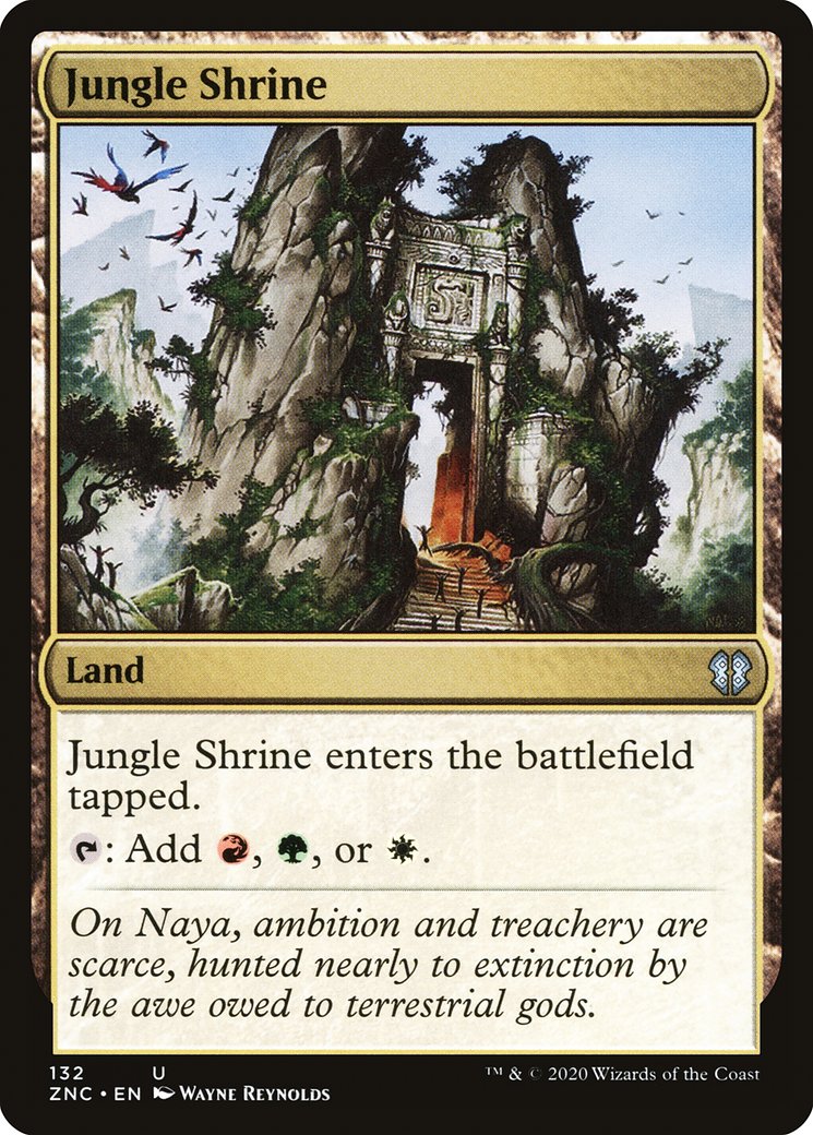 Let's step it up!Scenario #2: You're playing Naya EDH.You've temporarily forgotten your commander & deck's contents.It's turn 3 & you just played a land.Which land situation would you rather have?A:1 Jungle Shrine (untapped)2 WastesB:1 Mountain1 Forest1 Plains