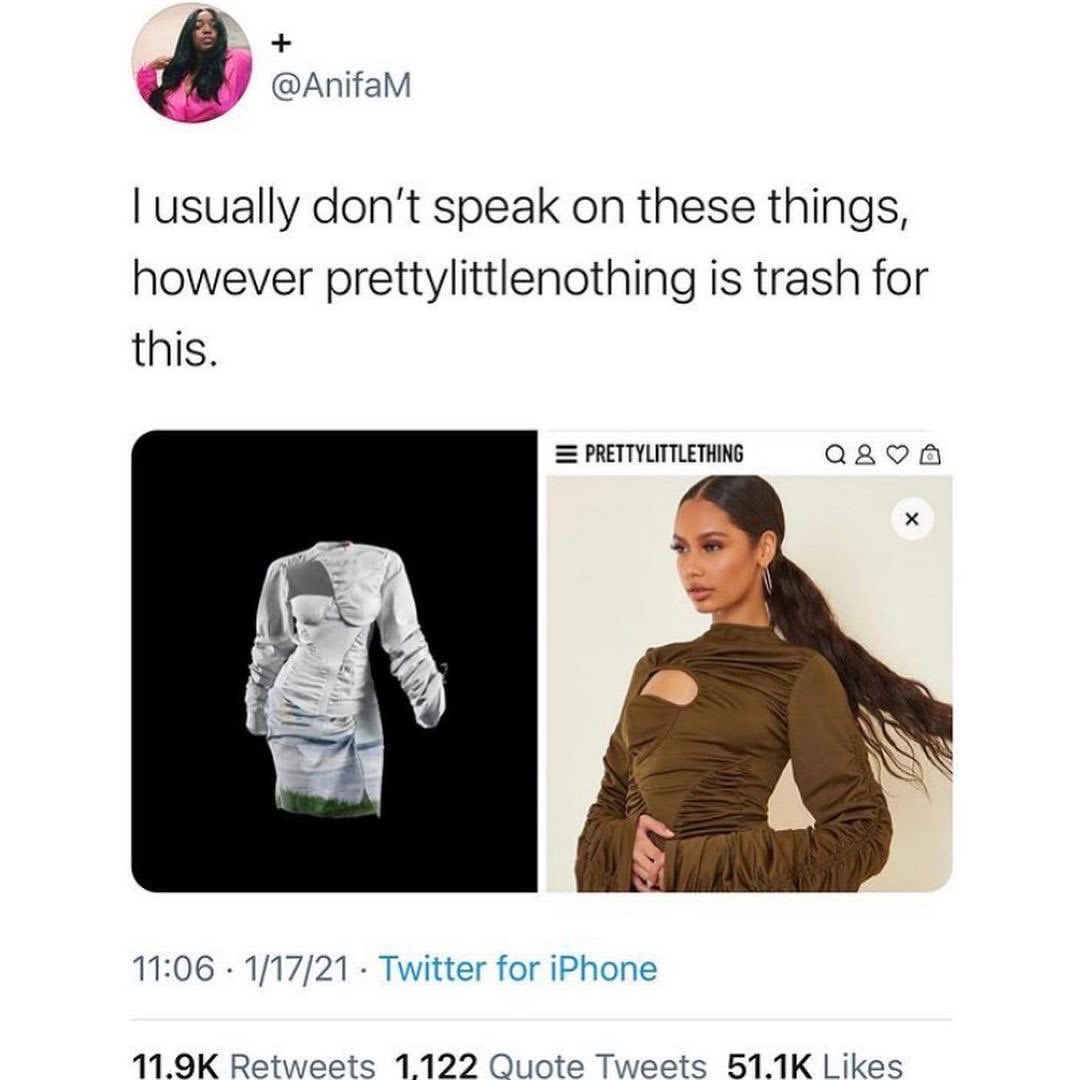 is accusing Pretty Little Things a fast fashion retailer for creating a version of her $229 Veronique blouse which debuted at her virtual show  #PinkLabelCongo last year, made theirs and sold it for $55.Get this  #PLT notorious for ripping off people's design 